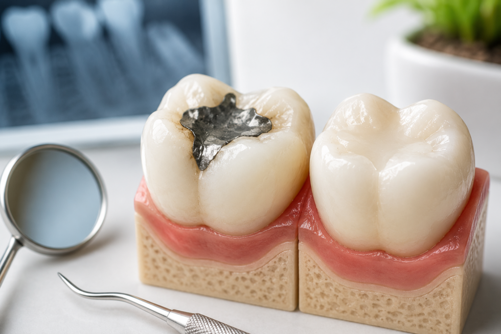 Comparison of an old metal dental filling and a modern tooth-colored filling on a dental model.