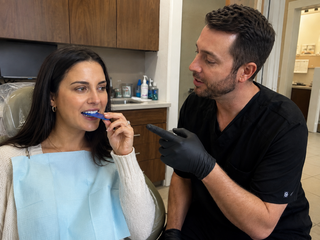 Dentist checking an adult patient’s bite after dental work to evaluate how the teeth come together.
