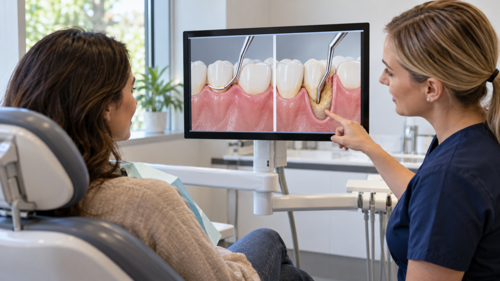 A dental hygienist shows a patient how regular cleaning treats tooth surfaces while deep cleaning reaches beneath the gums.